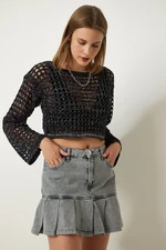 Happiness İstanbul Women's Black Openwork Sparkly Crop Knitwear Sweater