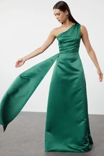 Trendyol Emerald Green One Shoulder Woven Satin Evening Dress & Graduation Dress