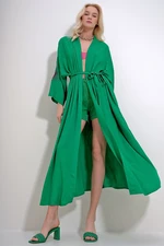 Trend Alaçatı Stili Women's Green Back and Sleeves with Glitter Embroidery and Belted Waist Maxiboy Kimino Kaftan