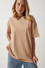 Happiness İstanbul Women's Dark Beige Crew Neck Basic Oversize Knitted T-Shirt