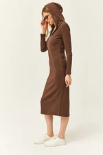 Olalook Women's Brown Zippered Hooded Thick Ribbed Midi Dress Elb- 19002028