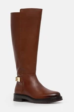 Kozačky Tommy Hilfiger TH LOGO LEATHER LONG BOOT dámské, hnědá barva, na plochém podpatku, lehce zateplené, FW0FW08335