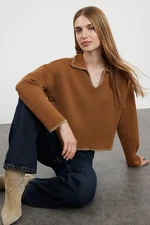 Trendyol Camel Polo Collar Cotton Wide Pattern Knitwear Sweater