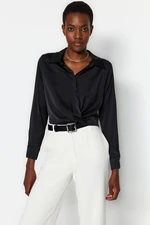 Trendyol Black Crop Shirt Collar Satin Woven Blouse