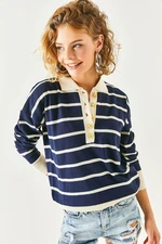 Olalook Women's Navy Blue Gold Buttoned Striped Polo Neck Knitwear Blouse