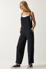 Happiness İstanbul Women's Black Strap Loose Knitted Overalls