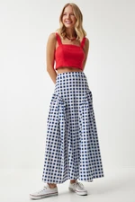 Happiness İstanbul Women's Blue Gingham Flounced Summer Poplin Skirt