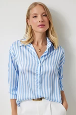 Happiness İstanbul Women's Blue and White Striped Draped Satin Look Shirt