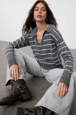 Trendyol Anthracite Striped Polo Neck Knitted Sweater