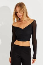 Cool & Sexy Women's Black Sleeve Tulle Crop Blouse CG315