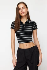 Trendyol Black Striped Fitted/Fitted Crop Polo Neck Ribbed Stretch Knitted Blouse