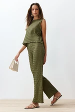 Trendyol Khaki Textured Regular/Normal Cut Zero Sleeve Flexible Knitted Blouse Trousers Bottom-Top Set