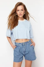 Trendyol Blue Pleated High Waist Mini Denim Shorts & Bermuda