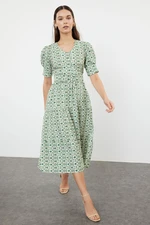 Trendyol Green Ethnic Midi Belted A-Line V-Neck Woven Dress