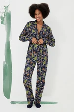 Trendyol Navy Blue Belted 100% Cotton New Year Themed Shirt-Pants Knitted Pajama Set