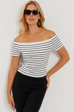 Cool & Sexy Women's White Madonna Collar Striped Camisole Blouse