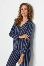 Trendyol Indigo 100% Cotton Striped Shirt-Pants Knitted Pajamas Set