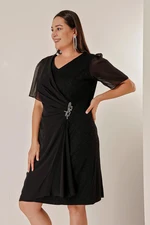 By Saygı Plus Size Chiffon Detailed Dress with Shirling and Linen.