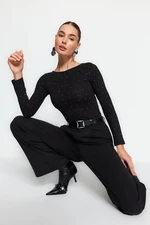 Trendyol Black Shiny Stone Printed Snaps Cotton Long Sleeve Knitted Body