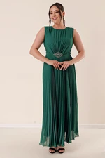 By Saygı Buckle Waist Pleat Lined Chiffon Long Dress Green