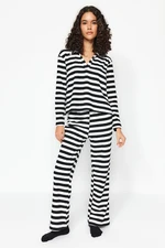 Trendyol Black and White Terry Fabric Fleece Inside Shirt-Pants Knitted Pajamas Set