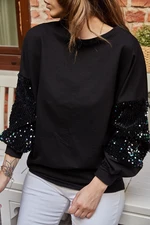 XHAN Women's Black Sequined Sleeves Sweatshirt