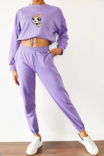 XHAN Women's Lilac Printed Tracksuit Set with Elastic Waist