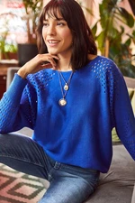 Olalook Women's Saxon Blue Openwork Bat Oversize Knitwear Sweater