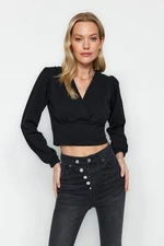 Trendyol Black Crepe Crop Double Breasted V-Neck Knitted Blouse