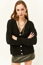 Olalook Women's Black 5 Buttons Openwork Knitwear Cardigan