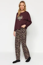 Trendyol Brown 100% Cotton Leopard Print Tshirt-Pants and Knitted Pajamas Set