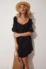 Happiness İstanbul Women's Black Sweetheart Neck Balloon Sleeve Summer Dress