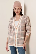 By Saygı Checked Patterned Acrylic Cardigan with Pockets Powder