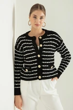 Lafaba Women's Black Striped Gold Buttoned Knitwear Cardigan