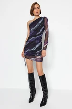 Trendyol Purple Printed, Tulle Lined, Fitted Mini One Sleeve Pleated Knit Dress