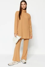 Trendyol Camel Turtleneck Tunic-Pants Knitted Set