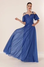 By Saygı Pleated Collar with Balloon Sleeves, Lined Glittery Long Dress Saks