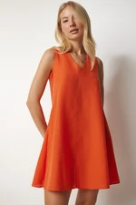 Happiness İstanbul Women's Orange V-Neck Linen A-Line Dress