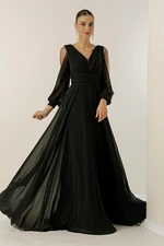 By Saygı Front Back V-Neck Draped Long Sleeves Tulle Lined Wide Body Split Long Chiffon Dress.