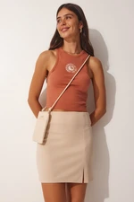 Happiness İstanbul Women's Beige Slit Mini Skirt