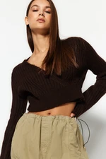 Trendyol Brown Crop Soft Textured Double Breasted Knitwear Sweater