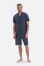 Dagi Navy Blue Printed Shirt Collar Shorts, Knitted Pajamas Set