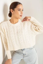 Lafaba Women's Beige Crew Neck Hair Braided Knitwear Sweater