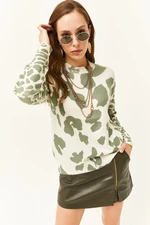 Olalook Women's Ecru Green Crew Neck Patterned Soft Textured Knitwear Sweater