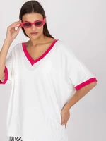 White and pink viscose casual blouse with short sleeves