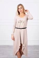 Dress with a decorative belt and inscription beige