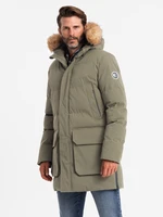 Ombre Men's long parka jacket with flared bottom - dark olive green