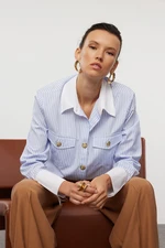 Trendyol Blue Metal Button Detailed Collar and Sleeve Detailed Striped Regular Fit Woven Shirt