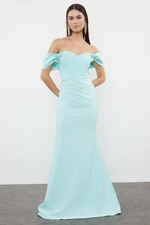 Trendyol Light Blue Pearl Embroidered Shiny Stone Woven Long Evening Dress