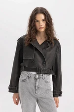 DEFACTO Water Repellent Regular Fit Belted Distressed Leather Faux Short Jacket